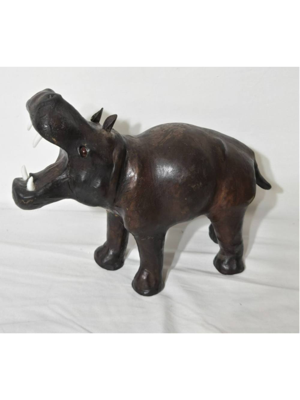 Vtg MCM Leather Wrapped Hippo Sculpture Open Mouth Roaring Red Glass Eyes 12"